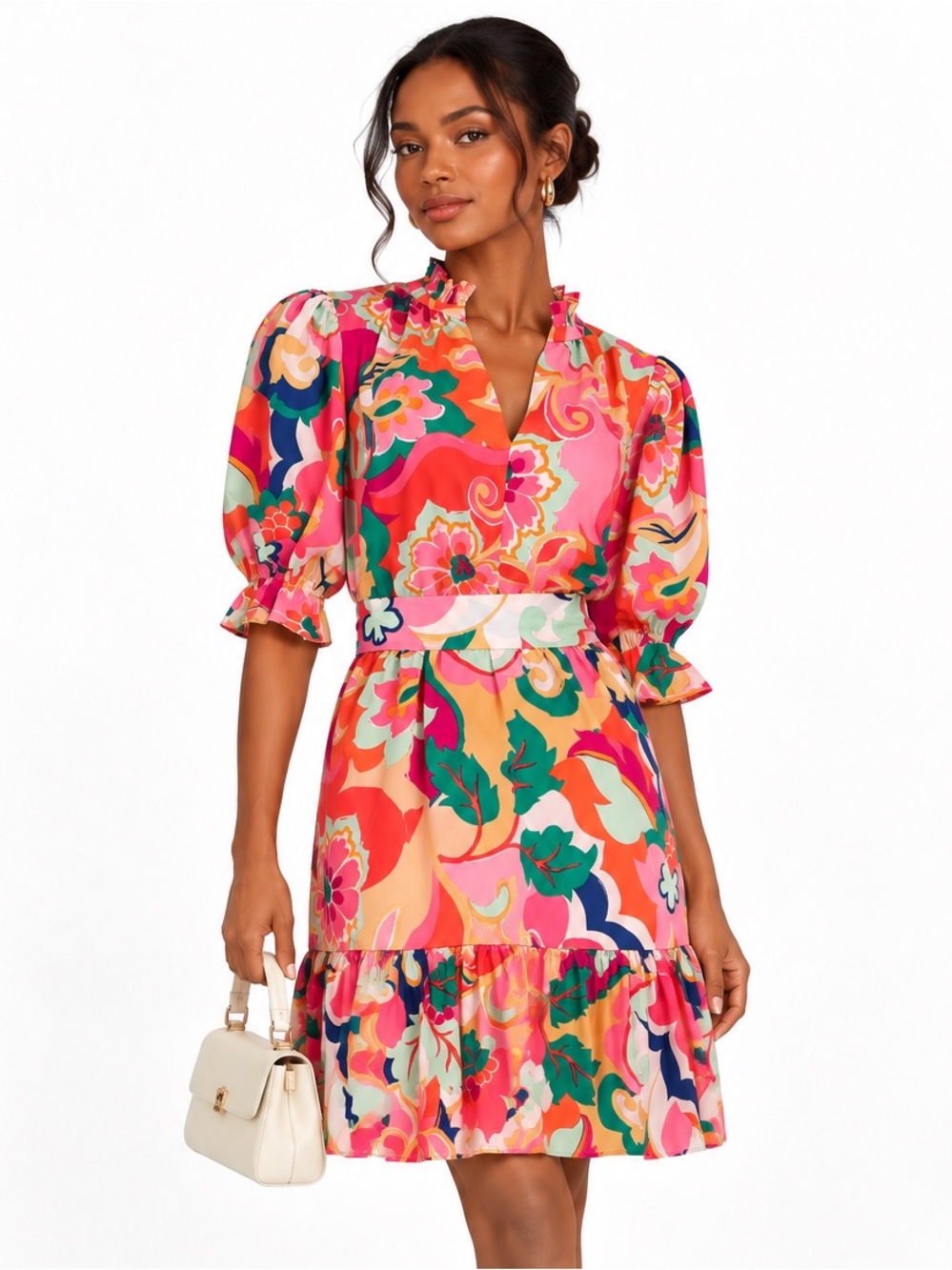 ELIZA J Vibrant Pink Floral Puff-Sleeve Dress